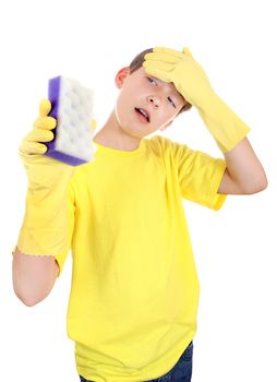 Annoyed Kid with Bath Sponge and Rubber Gloves Isolated On The White Background
