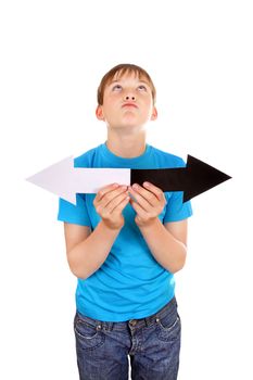 Kid is Thinking and holds Two Arrows Isolated on the White Background