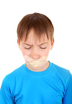 Sad Kid with sealed Mouth Isolated on the White Background