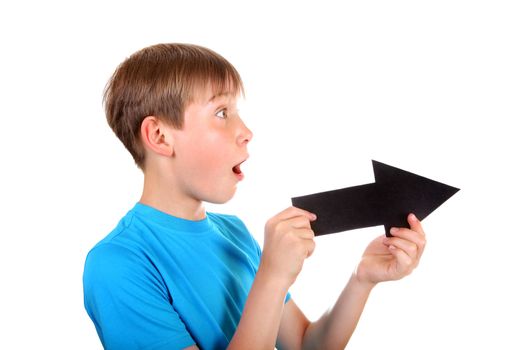 Surprised Kid with Black Arrow Isolated on the White Background