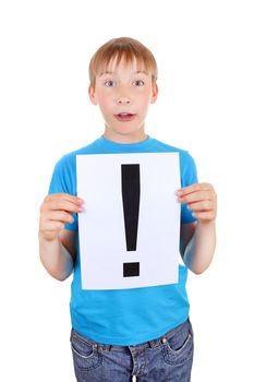Surprised Kid holds a sheet with Exclamation Mark Isolated on the White Background