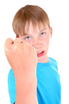 Angry Kid threaten with a Fist Isolated on the White Background