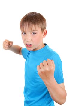 Angry Kid threaten with a Fist Isolated on the White Background