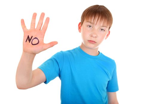 Focus on the Palm. Kid shows the palm gesture with an inscription NO