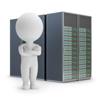 3d small person standing on a background server. 3d image. White background.