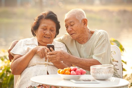 Happy asian senior couple using the mobile phone on outdoor background