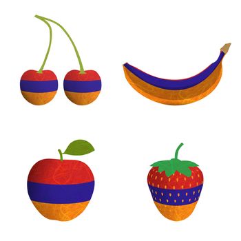 Armenia flag is shape of fruit. Mulberry paper on white background.