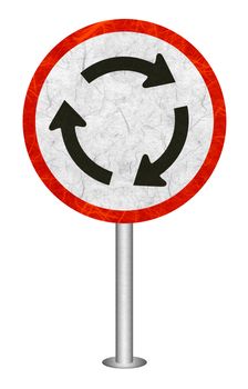 Roundabout Ahead traffic sign recycled paper on white background.