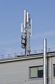 Antennas for mobile phone technology construction on modern house roof