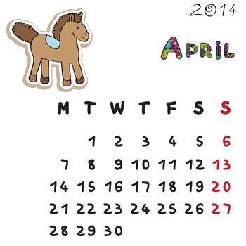 Calendar 2014 year of the horse, graphic illustration of April monthly calendar with toy doodle and original hand drawn text