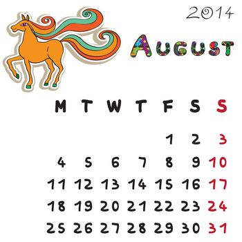 Calendar 2014 year of the horse, graphic illustration of August monthly calendar with toy doodle and original hand drawn text, colored format for kids