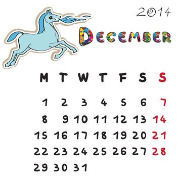 Calendar 2014 year of the horse, graphic illustration of December monthly calendar with toy doodle and original hand drawn text, colored format for kids