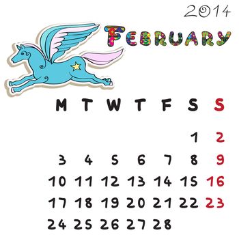 Calendar 2014 year of the horse, graphic illustration of February monthly calendar with toy doodle and original hand drawn text, colored format for kids