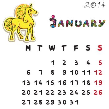 Calendar 2014 year of the horse, graphic illustration of January monthly calendar with toy doodle and original hand drawn text, colored format for kids