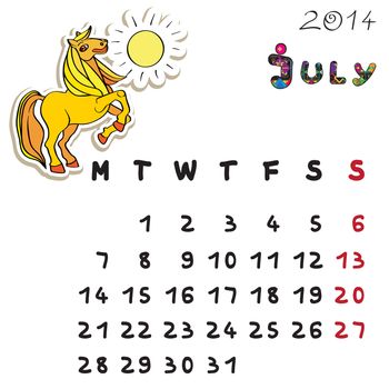 Calendar 2014 year of the horse, graphic illustration of July monthly calendar with toy doodle and original hand drawn text, colored format for kids