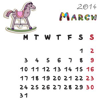 Calendar 2014 year of the horse, graphic illustration of March monthly calendar with toy doodle and original hand drawn text, colored format for kids