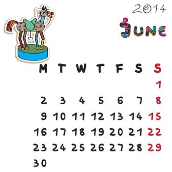 Calendar 2014 year of the horse, graphic illustration of June monthly calendar with toy doodle and original hand drawn text, colored format for kids