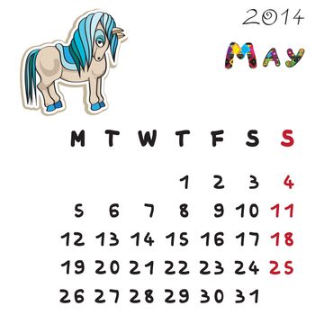 Calendar 2014 year of the horse, graphic illustration of May monthly calendar with toy doodle and original hand drawn text, colored format for kids