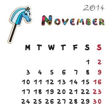 Calendar 2014 year of the horse, graphic illustration of November monthly calendar with toy doodle and original hand drawn text, colored format for kids