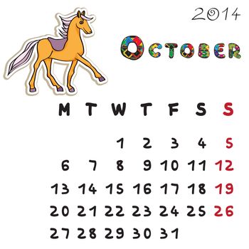 Calendar 2014 year of the horse, graphic illustration of October monthly calendar with toy doodle and original hand drawn text, colored format for kids