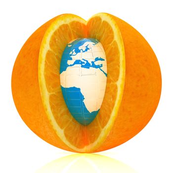 Earth on orange fruit on white background. Creative conceptual image. 