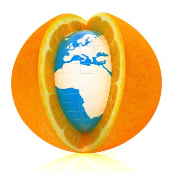 Earth on orange fruit on white background. Creative conceptual image. 