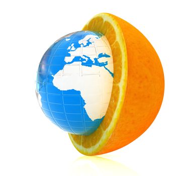 Earth on orange fruit on white background. Creative conceptual image. 