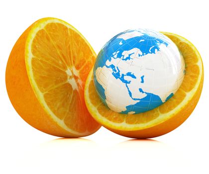 Earth on orange fruit on white background. Creative conceptual image. 