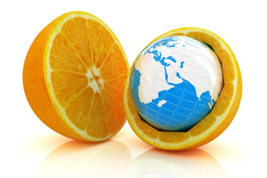 Earth on orange fruit on white background. Creative conceptual image. 