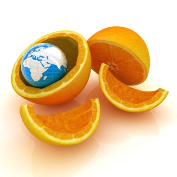 Earth and orange fruit on white background. Creative conceptual image. 