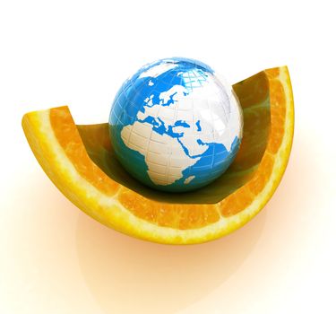 Earth and orange fruit on white background. Creative conceptual image. 