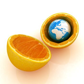 Earth and orange fruit on white background. Creative conceptual image. 