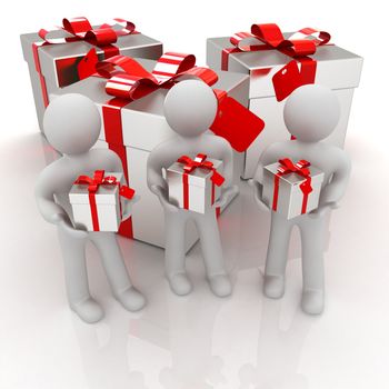 3d mans and gifts with red ribbon on a white background 