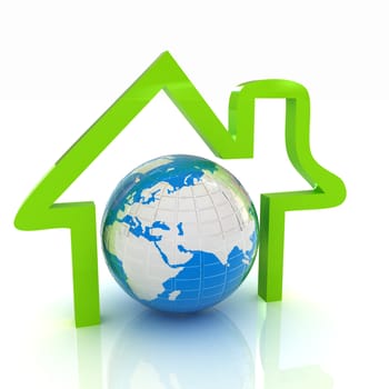 3d green icon house, earth on white background 