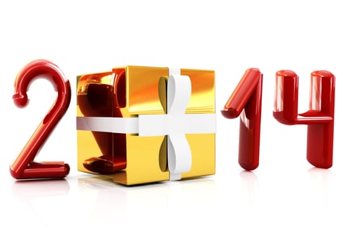 Abstract 3d illustration of text 2014 with present box on a white background 