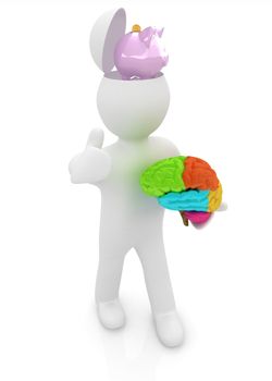 3d people - man with half head, brain and trumb up. Saving concept with piggy bank 