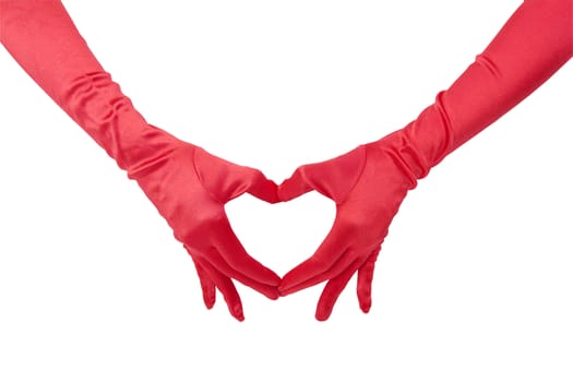 Red gloved hands form a heart shape to make a love sign.  Isolated with clipping Path.