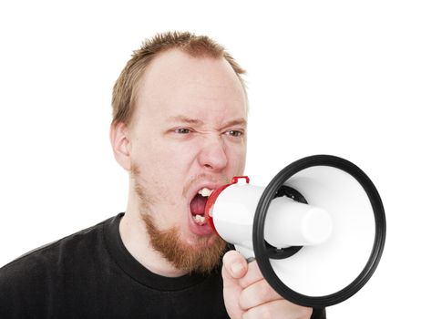 A man yelling into a megaphone.  Shot on white background.