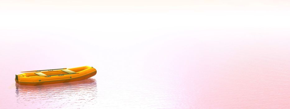 One yellow inflatable boat on the ocean by sunset