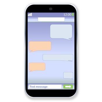 Mobile touch phone with sms chat on the screen in white background