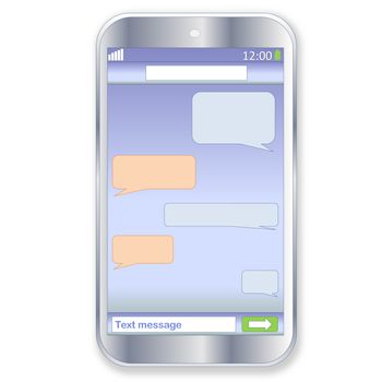 Mobile touch phone with sms chat on the screen in white background