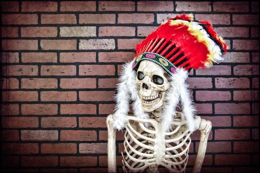 Skeleton wearing a Native American headdress. Hdr and textured.