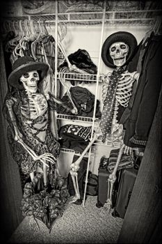Two skeletons enjoying themselves in someone's closet.  Grain intended.