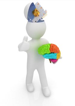 3d people - man with half head, brain and trumb up. Idea concept with puzzle