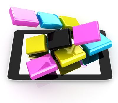 Tablet PC with colorful CMYK application icons isolated on white background 