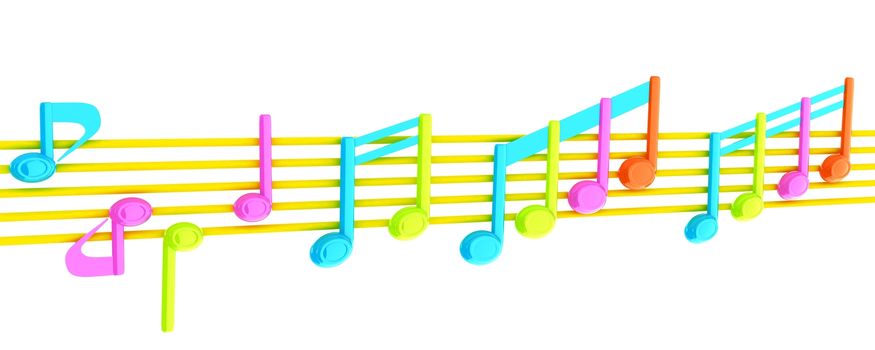 Various music notes on stave. Colorfull 3d