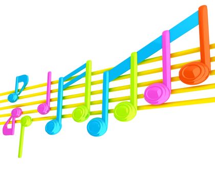 Various music notes on stave. Colorfull 3d