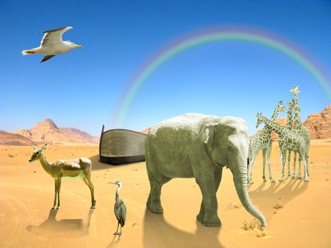 Arc of Noah with elephant, birds, giraffes in desert with rainbow