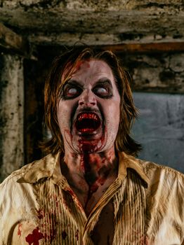 Photo of a hungry zombie covered with blood about to attack you.