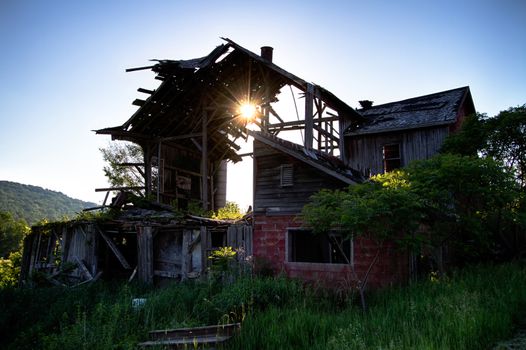 Abandoned barn during sunset in New York